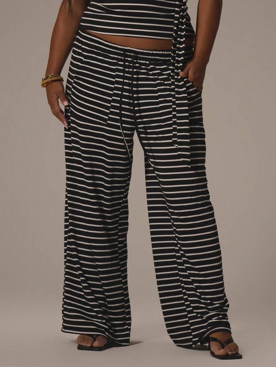 MUSERA 加宽抽绳腰带条纹针织宽松阔腿裤，仅裤子，可爱假日夏季优雅浪漫度假曲线，女士休闲款 - 黑與白 - 查看 1