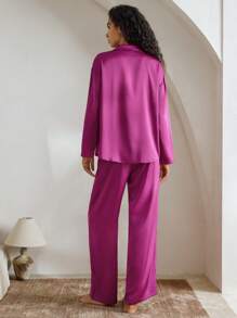 Ocili Leisure Women's Satin Smooth Comfortable Loose Long Sleeve And Pants Pajama Set - Hot Pink - View 3