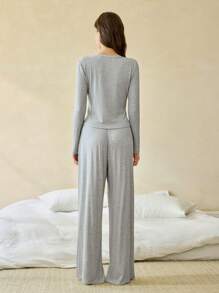 Ocili Bộ đồ mặc nhà thoải mái 2 món cho nữ, áo dài tay màu trơn và quần dài, trang phục ấm áp cho mùa lễ hội, quần áo thu đông - Màu Xám nhạt - Xem 3
