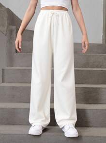SHEIN Girlism Tween Girls Loose Casual Minimalist Comfortable Wide Leg White Woven Pants, Versatile