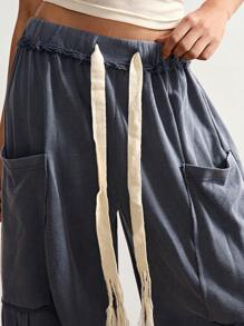 Bohemela Plus Size Drawstring Waist Loose Pocket Wide Leg Pants - Dark Grey - View 3