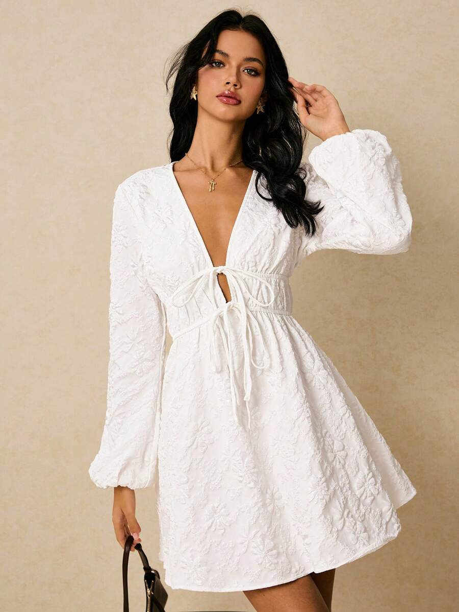 Poéselle White Jacquard Fabric Deep-V Tie-Front Mini Dress | Long-Sleeve Boho Babydoll,White Mini Dress,All White Party Outfit Women ,Fall Women Clothes ,Wedding Guest Dress Women, Deep V Neck Dress, Long Sleeve Dress, Boho White Autumn Dress, Bridal Shower Outfit,Women Elegant Solid Color Jacquard Lantern Sleeve Dress - White - View 1