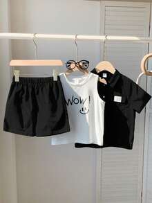 SHEIN Little Byeori 3 件套年轻男童韩版宽松字母印花 Polo 领开衫、T 恤和针织印花背心，适合春夏季日常、运动、郊游、学校、派对、节日、拍照 - 黑色 - 查看 3