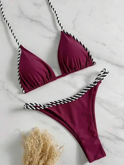 SHEIN Swim Set de bikini de triángulo con detalle de cuerda de 2 piezas para mujeres, traje de baño para vacaciones y playa de verano