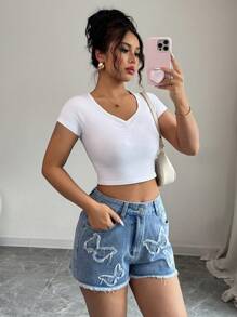 Elenzga Damen Mode Ripped Denim Shorts mit Schmetterling Stickerei - Helle Waschung - Übersicht 5