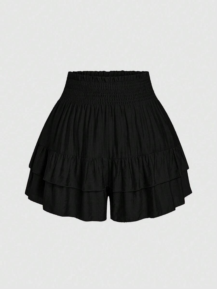 SHEIN LUNE Plus Size Holidaya Paperbag Waist Ruffle Hem Wide Leg Shorts