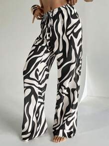 Aloruh 女士新品斑马纹低腰阔腿沙滩罩衫裤，全长长裤，女士度假，乡村音乐会 - 黑與白 - 查看 4