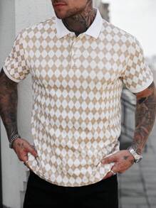 Manfinity Homme 男式半开襟插肩袖格子休闲 Polo 衫，夏季 - 卡其色 - 查看 5