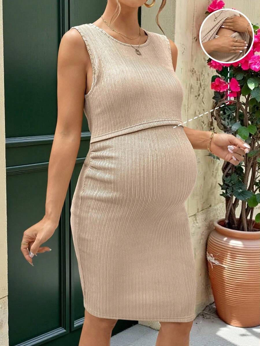 SHEIN Pregnant Women Summer Casual Solid Color Sleeveless Fitted Nursing Dress - Khaki - View 1