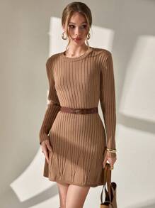 CLARA VERO WOMEN Basic Ribbed Sweater Dress - Soft Camel,Petite - Chocolate Brown - View 6