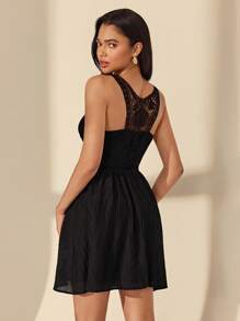 Almamuse Women Casual Lace Texture Short Sleeveless Dress - Black - View 2