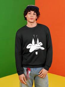 LOONEY TUNES X SHEIN 男士卡通图案黑色圆领卫衣，秋冬款，送给男朋友的礼物，美式风格 - 黑色 - 查看 4