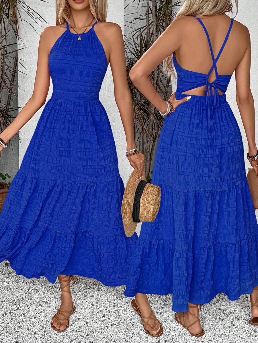 SHEIN Holidaya Váy mùa hè họa tiết cho nữ màu trơn, dây đeo sau lưng và viền bèo nhún, hoàn hảo cho trang phục đi nghỉ, trang phục đi biển Maxi - Xanh đậm - Xem 1