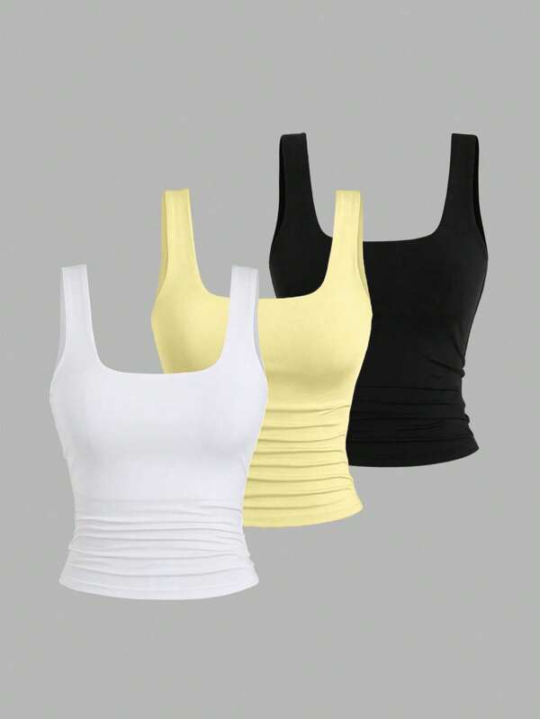Sweetra 3 pièces Top de réservoir ajusté couleur unie col carré d'été pour femmes