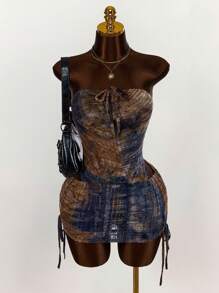 Amplova Bộ 2 món: Áo crop top hở lưng có dây rút và chân váy mini bó sát xếp nếp - Nhiều màu - Xem 3