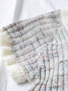 EMERY ROSE 拼色V领前扣休闲短袖毛衣针织上衣女夏季上衣夏季针织上衣女针织上衣可爱短袖上衣荷叶边针织上衣