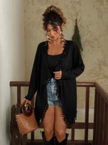 Travachic Plus Size Women Casual Loose Tassel Trim Cardigan, Long Sleeve Thin Open Front Outwear Black Cardigan Summer Cardigan For Women Black Coverups For Women  Black Tassel Cardigan,Fall Women Clothes