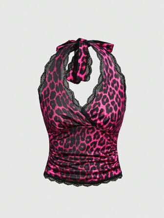 Grunge Punk Top de tirantes con estampado de leopardo y encaje, de estilo Y2K para el verano