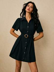 Poéselle 女式休闲纯色前扣迷你连衣裙，夏季 - 黑色 - 查看 4