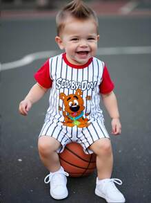 SCOOBY-DOO X SHEIN Baby Boy Cartoon Striped Cute Style Red & White Short Sleeve Romper, Summer