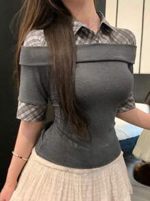 DAZY Chemise à manches courtes style de rue ajustée, épaules dénudées, couleurs contrastées à carreaux pour femmes, printemps/été/automne - Gris - Voir 8