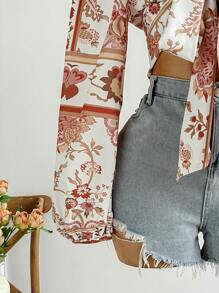 Soleia Áo cánh tay dài thắt nơ cổ chữ V sâu in họa tiết cỡ lớn cho nữ, phong cách ngày lễ mùa hè - Nhiều màu - Xem 4