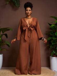 Veslaya 2025 春夏优雅派对度假休闲性感深V领系带大码女式宽松连体裤 - 棕色 - 查看 1