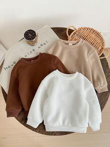 SHEIN LMoss Kids LMoss 3 件套女婴纯色可爱保暖内衬圆领长袖运动衫，秋冬 - 白色 - 查看 3