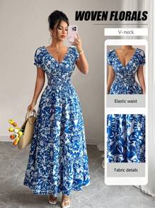 Selianne 全新女式轻盈编织花卉泡泡袖露背褶皱修身长裙，优雅迷人，适合约会、度假