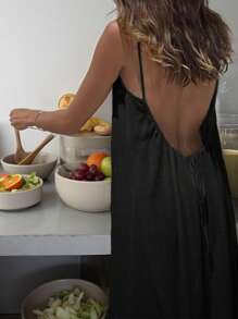 INAWLY Plus Size Women Solid Color Open Back Tie-Up Loose Long Casual Dress - Black - View 2