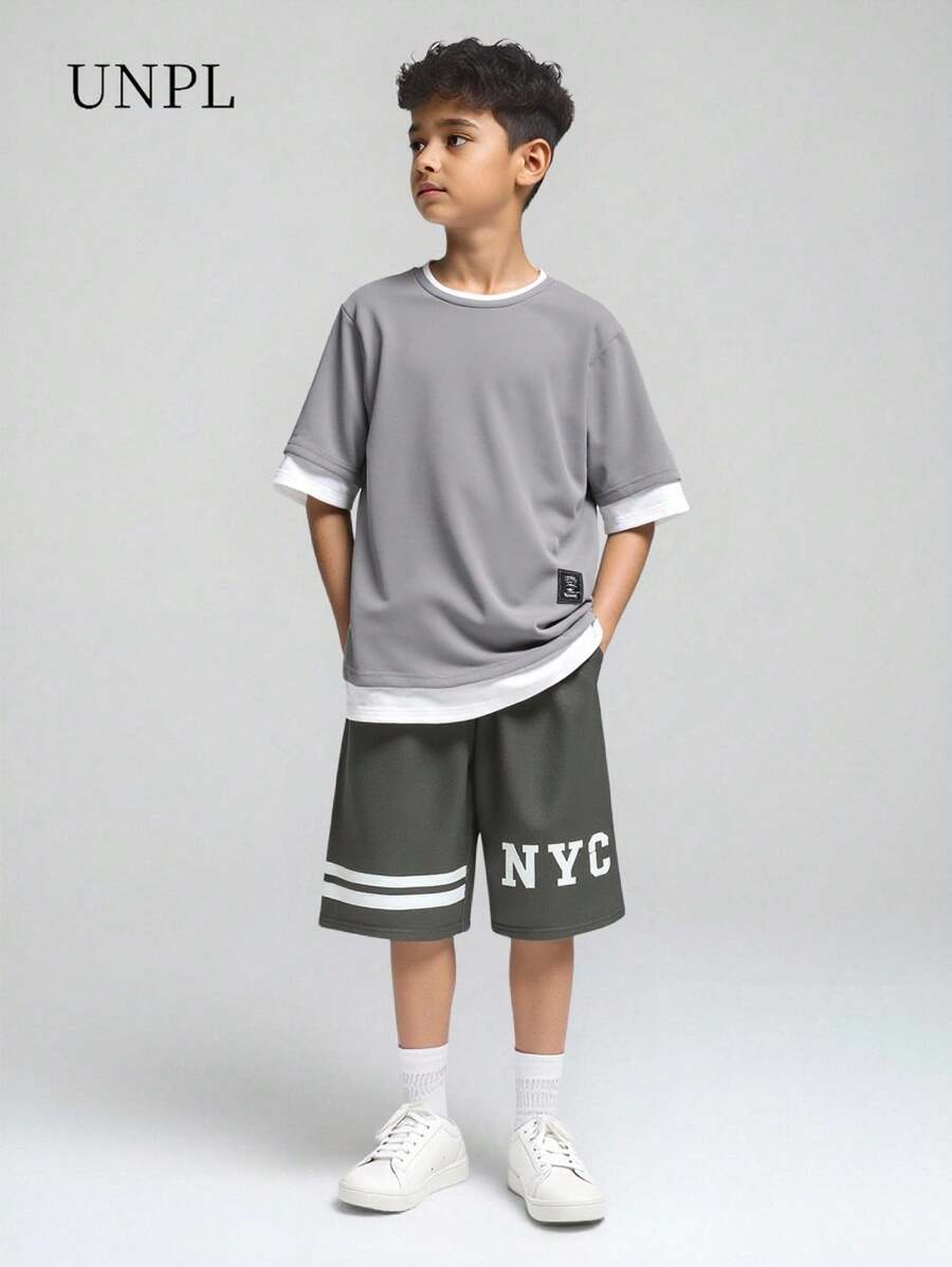 SHEIN Tween Boy Letter Patched Detail 2 In 1 Tee - Grey - View 1