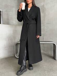 EURMUSE Manteau long femme à col châle unicolore avec ceinture - Noir - Voir 5