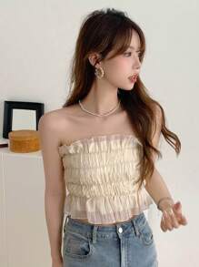 DAZY 纯色荷叶边褶饰网眼覆盖抹胸外出上衣、荷叶边、短款上衣 女士 - 杏色 - 查看 5