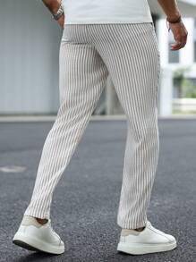 Manfinity Homme 男士条纹印花口袋抽绳腰时尚裤 - 卡其色 - 查看 2