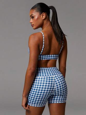 Athîral 2件套女士休闲运动格纹印花文胸和短裤套装