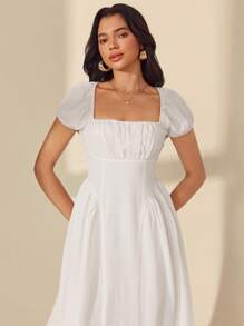 Chiquease Women Rectangular Neck Short Puff Sleeve Raglan Sleeve Belted Waist Flared Long Dress - White - View 5