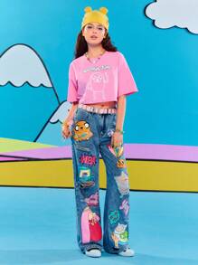 Adventure Time X ROMWE 涂鸦卡通图案宽松牛仔裤 - 藍色 - 查看 8