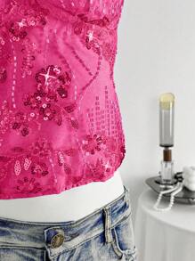 Zolique Débardeur ajusté à fines bretelles spaghetti en sequins brodés sexy, convient pour les vacances - Rose vif - Voir 5