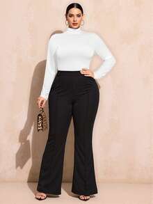 SHEIN SXY Plus Size Solid Color Slim Fit High-Necked Long Sleeve All-Match T-Shirtbasic Tees Plus Size White Tops Plus Size Turtleneck Tops Plus Size Ribbed Knit Top; Plus Size Long Sleeve Top; Plus Size Ribbed Top,Fall Clothes For Women - White - View 5