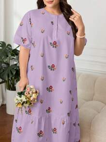 Mulvari Plus Floral Print Ruffle Hem Smock Dress For Holiday, Maxi Dress Perfect For Beach/Casual/Vacation/Homewear - Purple - View 4