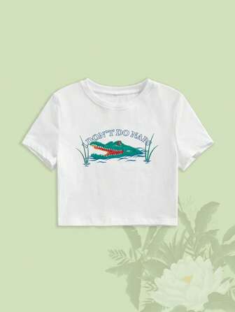 The White Lotus T-shirt bianca a maniche corte casual da donna con stampa di coccodrillo e slogan per l'estate