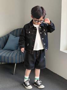 2件套男童黑色水洗牛仔长袖夹克和短裤休闲装