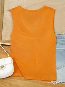 橙色褶皱 V 领多巴胺图案针织背心，女士夏季休闲无袖吊带背心 - 橘色 - 查看 4