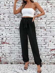 SHEIN Tall Damen Lässig Hose mit Taillenband und geraffter Taille, Herbststoff für Frauen, große Frauen - Schwarz - Übersicht 4