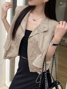 Livesso Women's Summer Sleeveless Loose Fit Pocket Decor Regular Jacket Vest Women Coats