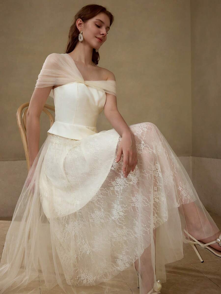 MOTF Soiréza Durchsichtiges Mesh-Asymmetrisches Schulter-Peplum Taille Spitze Glockenrock Cocktailkleid