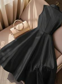 Franclia Women's Mint Green Collared Sleeveless Fitted Dress, Summer - Black - View 2