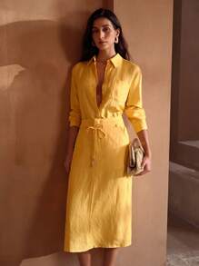 MOTF PREMIUM ÁO SƠ MI CÚP TÚI VẢI LANH - Màu vàng - Xem 8