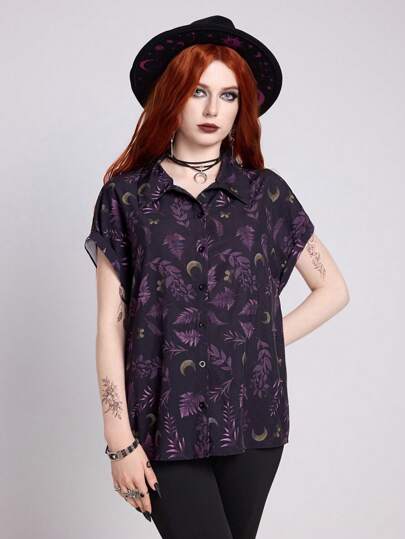 Goth Women's Casual Gothic Moon & Plant Retro All-Over Print Blouse