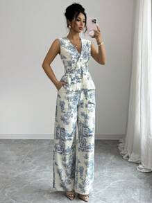 Elenzga 女士优雅全印花 V 领无袖 D 形环腰带荷叶边上衣和宽松阔腿裤两件套